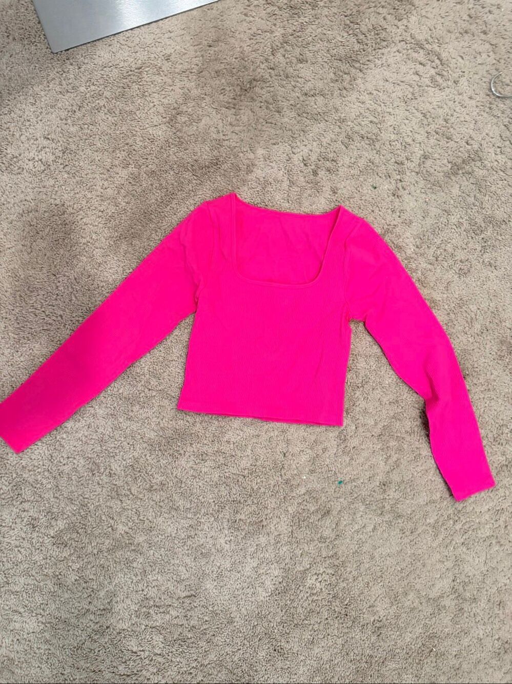 OQQ Hot Pink Ribbed Square Neck Long Sleeve Crop Top Shirt Medium M